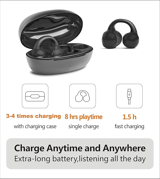 Ear Clip Wireless Earbuds Open Ear Headphones Bluetooth with Touch Control AI Noise Cancelling 30Hrs Playtime IPX4 Waterproof Lightweight Comfort Unisex for Sports Running & Workouts
