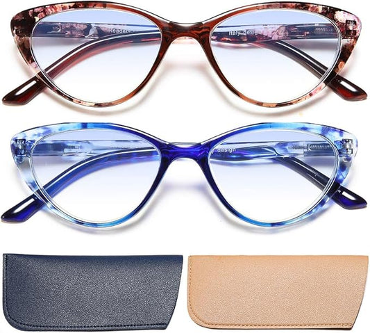 EYEURL Cat Eye Reading Glasses for Women 2 Pair Blue Light Blocking Readers 1.75 Comfort Spring Hinge Lightweight Eyeglasses Anti Glare for Ladies