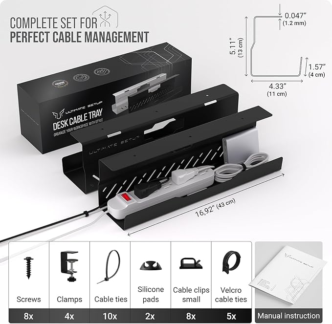 Under Desk Cable Management Tray no Drill – Wire Management - Cord Organizer – Huge Load Capacity – Under Desk Cable Tray no Drill (Black, 2 Pieces Set)