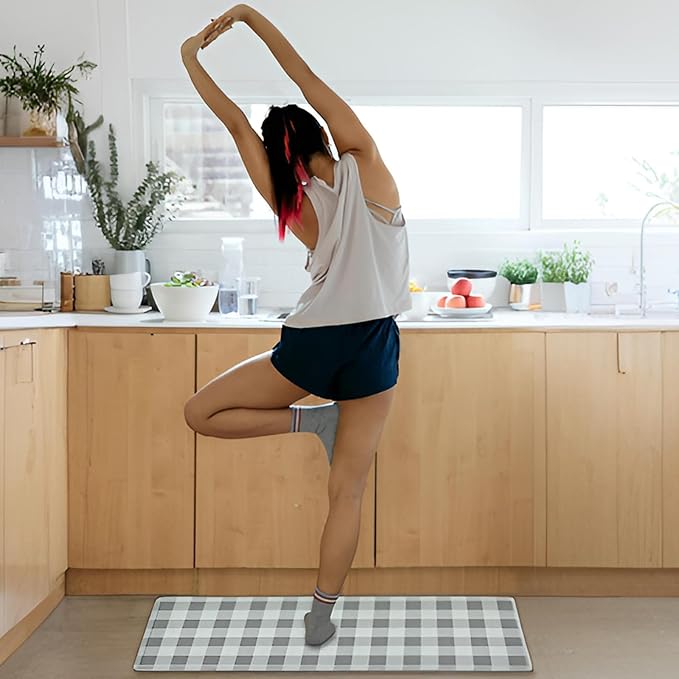 Anti Fatigue Kitchen Rugs Farmhouse Kitchen Mats for Floor,Cushioned Non-Slip Waterproof Ergonomic Comfort Rug Standing Mat for Kitchen,Floor,Home,Office,Sink,Laundry,Plaid Grey,17.3"x47.2"