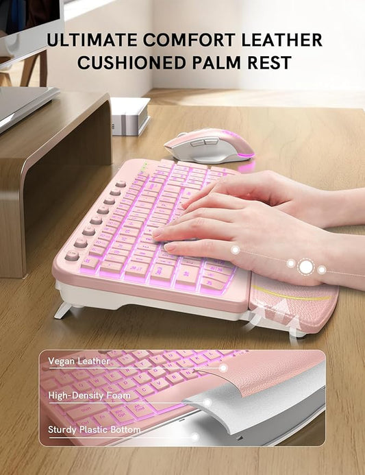 SABLUTE Ergonomic Wireless Keyboard and Mouse Combo - Wave Keyboard with Soft Leather Wrist Rest, Resistant Keys, RGB Backlit Rechargeable Set for PC/Mac/Chromebook (Pink)