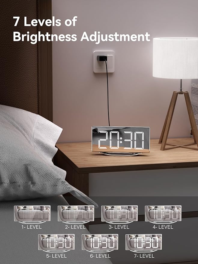 Digital Clock for Living Room, Slim LED Mirror Digital Alarm Clock with 2 USB Ports, Dual Alarms, 12/24H, Large Display with Diming Mode, Modern Electronic Clock for Bedroom Home Office Desk Decor