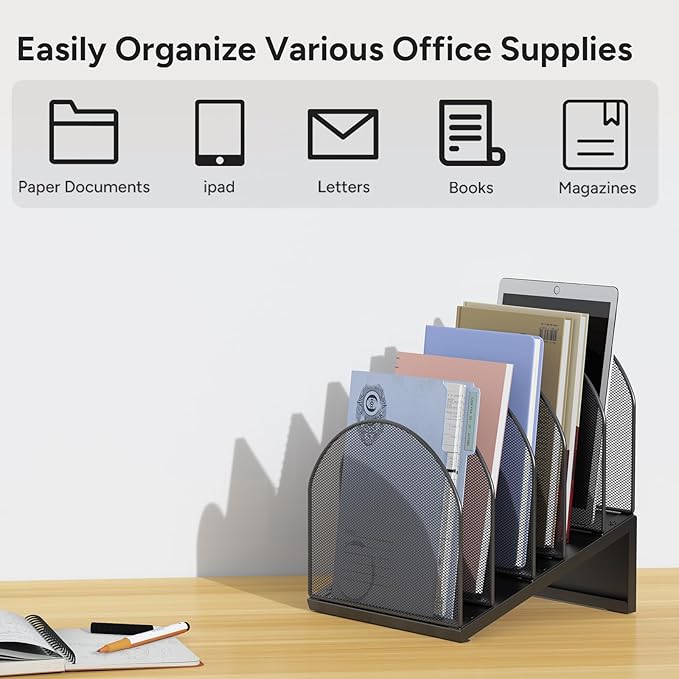 5-Section Desk File Organizer, Metal Mesh Folder Organizer for Documents, Mail & Office Papers (Black)