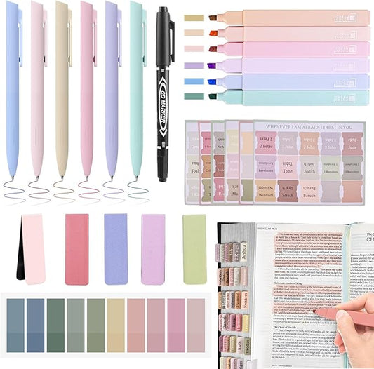 Bible Journaling Kit, Include 6 Bible Highlighters and 6 Pens No Bleed, 90 Laminated Bible Tabs, Magnetic Bookmarks, Sticky Notes, Study Supplies Essentials Set for Women & Men