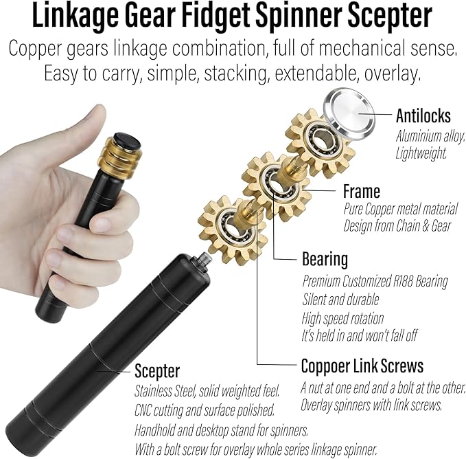 FREELOVE Gear Metal Fidget Spinner Toys for Adults, Small Mini Tiny Pockget Figette, Bike Chain, Copper Brass Hands Gyro, Quiet Silent Cool Cube for Anxiety Men (Gears Stacked Scepter, Black)