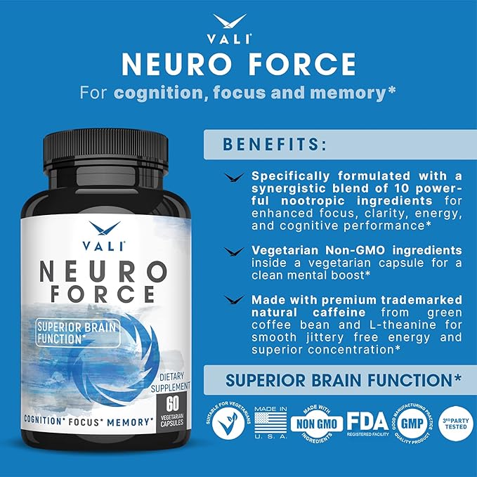 VALI Neuro Force Brain Booster Supplement for Focus, Memory, Clarity & Energy. Extra Strength Nootropic Cognitive Function Support for Mental Performance. with Natural Caffeine. 60 Veggie Capsules