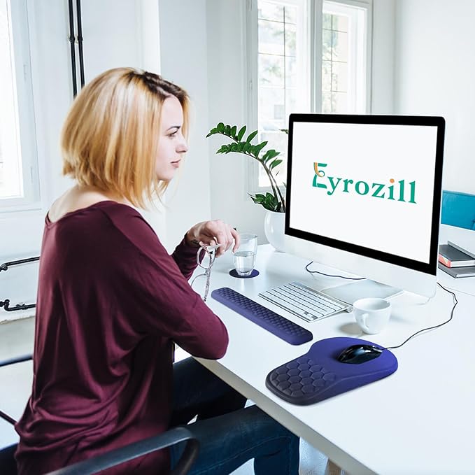 3 in 1 Ergonomic Mousepad with Wrist Rest, Gaming Keyboard Mouse Pad with Wrist Support Non-Slip Base Massage Design, Pain Relief (Blue/Black)