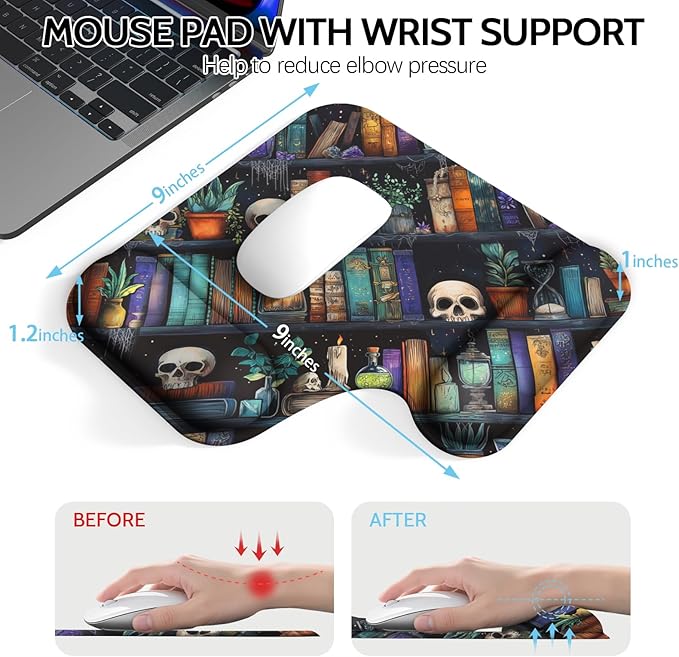 Ergonomic Mouse Pad with Gel Wrist Rest (1"& 1.2" Dual Height) - Mouse Pads Compact Mousepad Desk Mat Office, Gaming & Carpal Tunnel Relief | Non-Slip Rubber Base | Gothic Bookshelf
