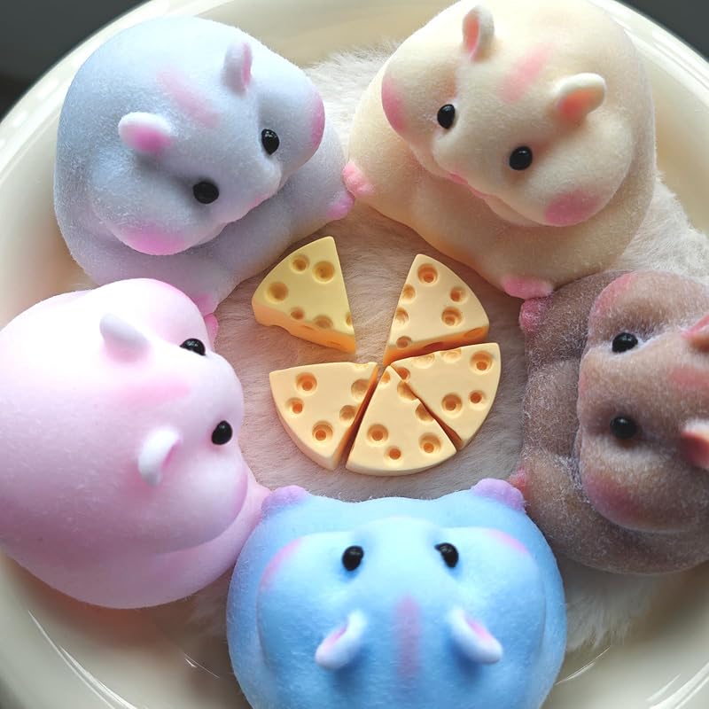 Handmade Flocked Hamster Taba Squishy Toy - Cute Realistic Silicone Animal Fidget Sensory Toy, Ultra-Soft Stress Relief Squeeze Toy for Relaxation Gift (Family (5 Colors))