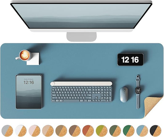 YSAGi Double-Sided Desk Pad, 31.5"x15.7"Leather Desk Mat, Eco Cork Desk Pad Protector,Large Mouse Pad,Waterproof Desk Blotter for Office/Home(Sea Blue)