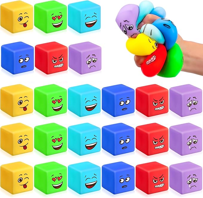 Meooeck 24 Pcs Fidget Toy Stress Cube Slow Rising Square Cube Squeeze Fidget Toys Stress Balls for Adults with Emoticons Face for Party Office Christmas Stocking Stuffer Gift ADHD Autism Anxiety