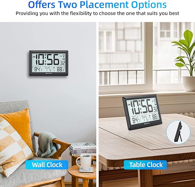 Atomic Clock with Indoor and Outdoor Temperature, Automatic Digital Clock Battery Operated, Large Display Wall Clocks or Desktop Clocks for Livingroom Office Bedroom Kitchen,Black