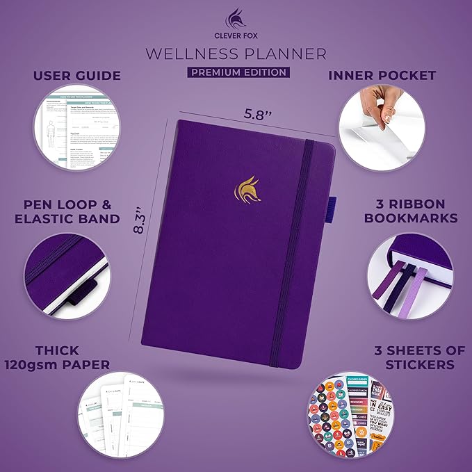 Clever Fox Wellness Planner - Weekly & Daily Health and Wellness Log, Food Journal & Meal Planner Diary for Calorie Counting, Notebook for Medical Condition Tracking, A5-Sized - Purple