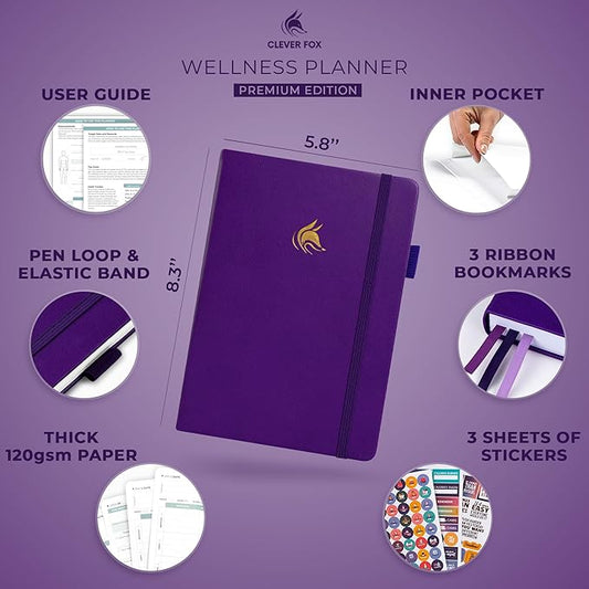 Clever Fox Wellness Planner - Weekly & Daily Health and Wellness Log, Food Journal & Meal Planner Diary for Calorie Counting, Notebook for Medical Condition Tracking, A5-Sized - Purple