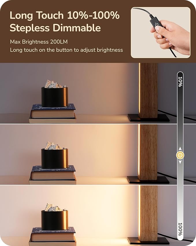 EDISHINE LED Wood Table Lamp, 3-Color Temperature Minimalist Bedside Lamp, Stepless Dimmable & Memory Function, Touch Switch, Square Nightstand Lamp for Bedroom, Living Room, One-Step Installation