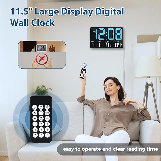 SZELAM Digital Clock Large Display,11.5"Digital Wall Alarm Clock with Remote Control,LED Oversized Electric Clock with Calendar,12/24H,Adjustable Brightness Large Clock for Home Office Kitchen Bedroom