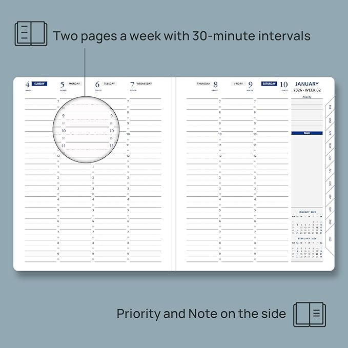 POPRUN 2026 Weekly Planner (Medium 7'' x 8.5''), 30-Minute Hourly Appointment Book (Jan 2026-Dec 2026) with Monthly Tabs, Inner Pockets, Pen Holder, PU Leather Softcover, 100GSM - Brown