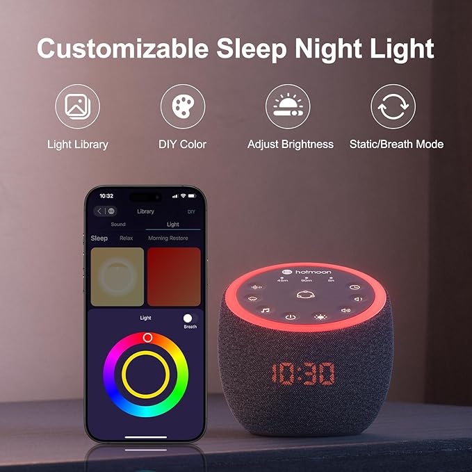 Hotmoon Cocoon Pro 2 Sound Machine 388 Soothing Sounds for Babies & Adults, Smart Night Light, Sleeping Timer, App Control, White Noise Green Noise Maker, Nature Rain Ocean Sound, Plug-in