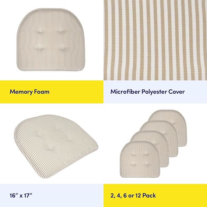 Sweet Home Collection Chair Cushion Memory Foam Pads Tufted Slip Non Skid Rubber Back U-Shaped 17" x 16" Seat Cover, 6 Count (Pack of 1), Pinstripe Taupe