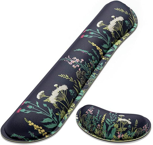 Dapesuom Enlarge Keyboard Wrist Rest, Memory Foam Wrist Cushion for Desk Mat Support, Cute Pain Relief Keyboard Mouse Pad Rests Set with Non-Slip Base for Gaming Laptop Office Computer, Elegant Flower