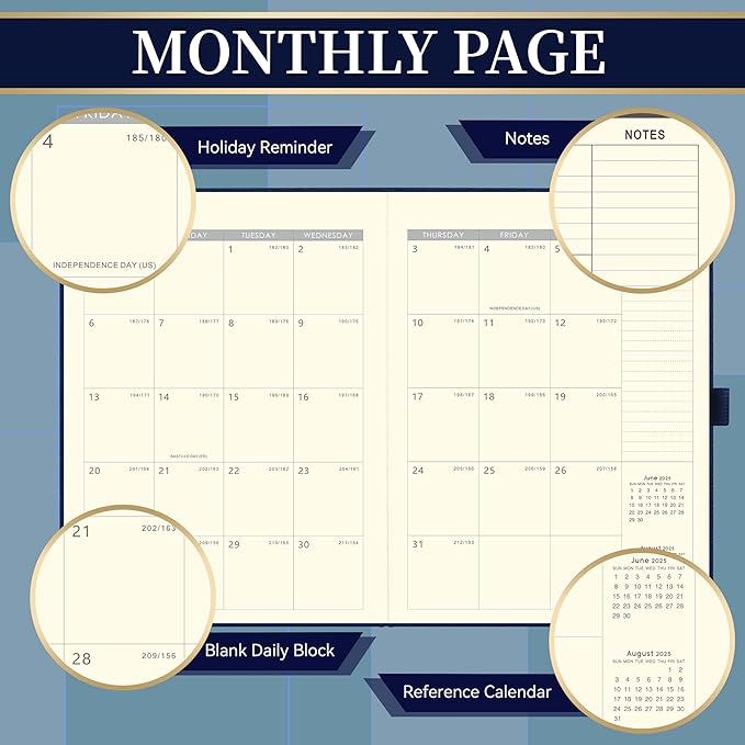 Planner 2025-2026 - Academic Planner 2025-2026, Leather Calendar Weekly and Monthly, 9"x11", July 2025 - June 2026, Leather Hardcover, Pen Loop, Elastic Closure, Pocket - Navy