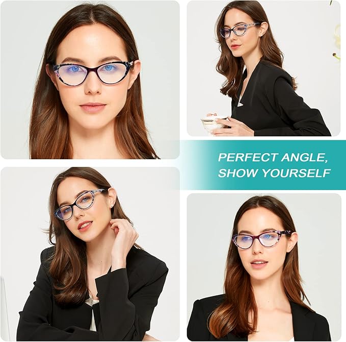 EYEURL Cat Eye Reading Glasses for Women 2 Pair Blue Light Blocking Readers 2.75 Comfort Spring Hinge Lightweight Eyeglasses Anti Glare for Ladies