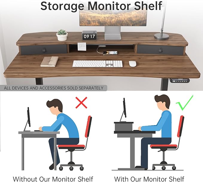 HUANUO 55" x 26" Electric Standing Desk with 2 Drawers, C-Clamp Mount Compatible, Height Adjustable Computer Desk, Home Office Stand Up Desk with 4 Preset Heights & 2 Hooks, Walnut