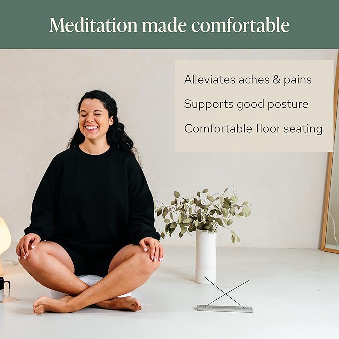 Mindful & Modern Large Meditation Cushion | Zafu Yoga Bolster Meditation Floor Pillow Seat | Buckwheat Hull Filled Crescent Shaped Cushion with Removable Washable Cover + Carry Handle