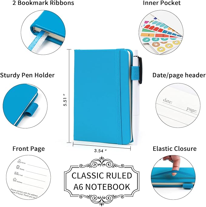 feela 3 Pack Pocket Notebook Journals, Mini Cute Small Journal Notebook Bulk Hardcover College Ruled Notepad with Pen Holder for Office School Supplies, with 3 Black Pens, 3.5”x 5.5”, A6, Teal