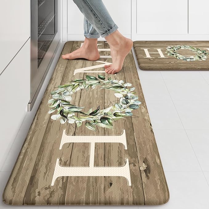 KIMODE Kitchen Mats Cushioned Anti Fatigue, 17"x47"+17"x29" Farmhouse Kitchen Rugs Sets of 2, Non Slip Kitchen Mats for Floor, Padded Kitchen Floor Mats for Sink, Laundry, Desk Khaki