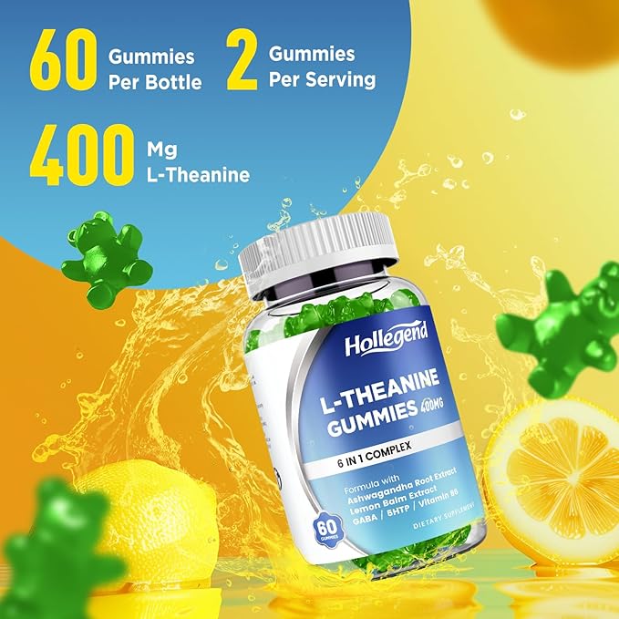 L-Theanine Gummies, l'theanine 400mg with Ashwagandha, GABA, 5HTP,L-Theanine Chewable Supplement for Relax, Zzz & Focus Support, Vegan, Lemon Flavor, 60 Counts