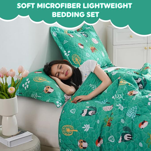 Green Forest Animals Quilt Set for Boys Twin Size Kids Bedding Sets Lightweight Summer Bedspread Soft Microfiber Breathable Bed Comforter All-Season