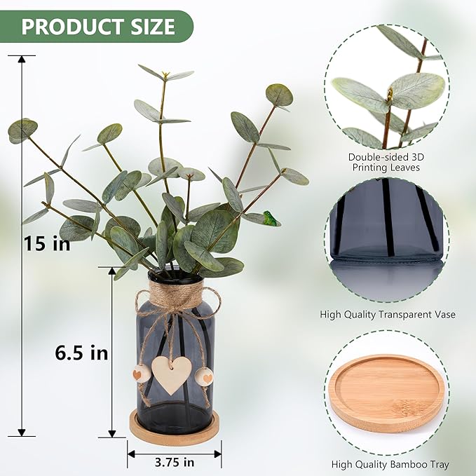 Artificial Eucalyptus Greenery Stems in Glass Vase,15" Doule Side 3D Fake Plants Eucalyptus Leaves faux Greenery for Centerpiece Table Decorations Home Room Decor office Desk Green Decor (Black)