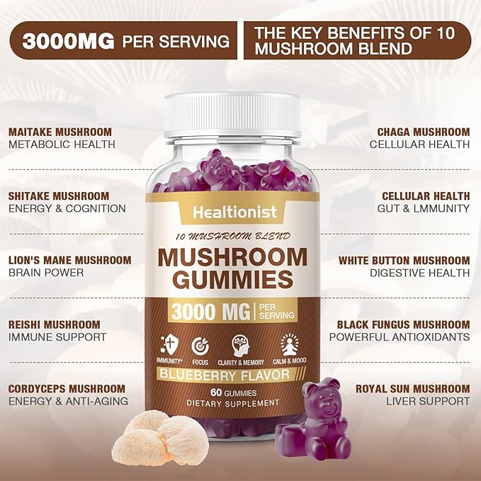3000MG Mushroom Complex Gummies 10 Blend - Lion's Mane Gummies for Adults, Cordyceps, Shiitake, Reishi, Chaga, - Brain, Immune Support & Stress Relief, Energy, Mushroom Supplement for Men & Women 60ct