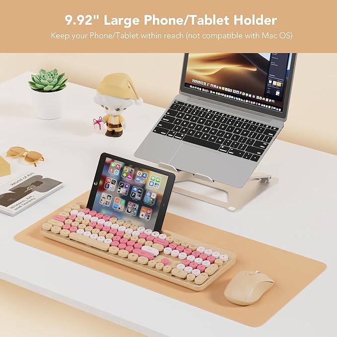 Wireless Keyboard and Mouse Combo, Retro Round Keycaps, Cute Full-Size Typewriter Keyboard with Phone Holder, Sleep Mode, Click Soft, 2.4GHz Cordless Connection for Windows/PC/Laptop (Latte-Colorful)