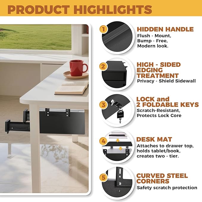 14 In Double Under Desk Drawer,Under Desk Pull Out Drawer with Lock and Keys,Adjustable Height, Metal Storage Drawer with Slide Extension Mounted Under Flat Wooden Table or Workbench, Black