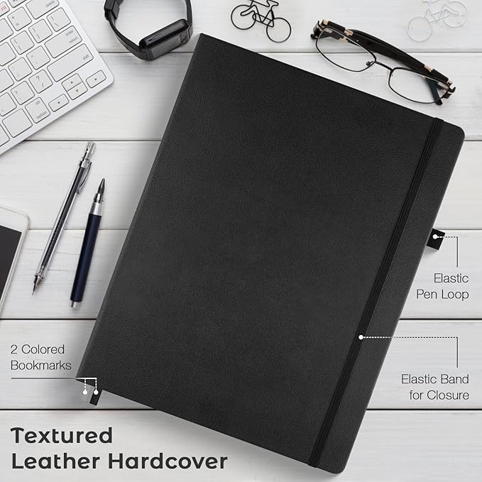 Graph Paper Notebook, Hardcover Notebook 8.5 x 11, Grid Notebook Journal for Women, Men, Large Leather Journals for Writing, Thick Paper, A4 Notebooks for Work, School Supplies, Engineering Black