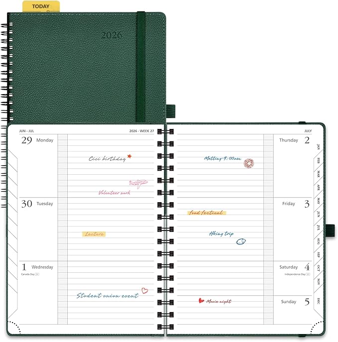 POPRUN 2026 Weekly and Monthly Planner Calendar, January 2026 - December 2026,Medium-6.75" x 8.75" Spiral Bound Appointment Book, Includes Monthly Tabs, Inner Pocket,Soft Cover - Army Green