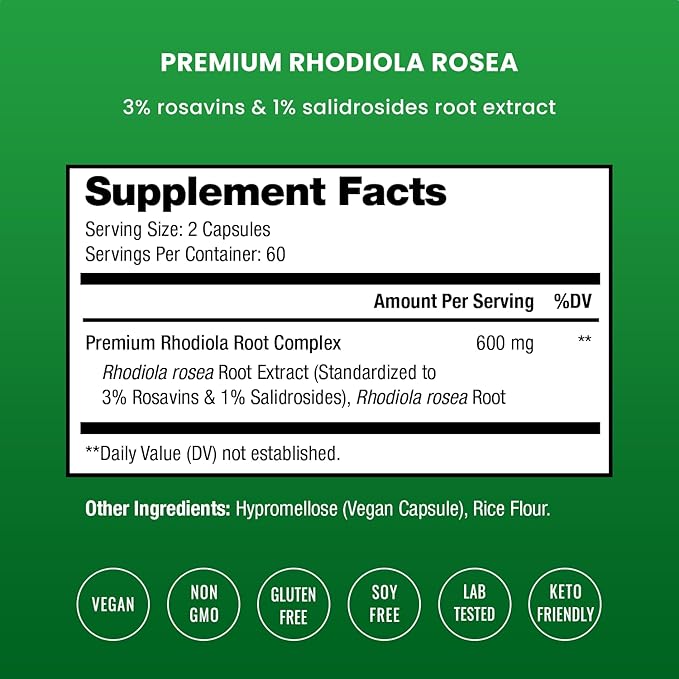 Rhodiola Rosea Supplement 600mg | 120 Vegan Capsules | Rhodiola Rosea Extract for Energy, Stress Relief, Mood and Focus | Adaptogenic Root with Rosavin & Salidrosides | 300mg Pills by NutraChamps