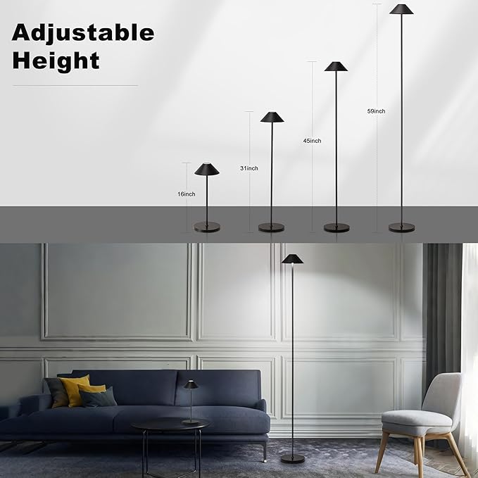 Rechargeable Floor Lamp for Indoor/Outdoor, Cordless Tall Standing Lamp with 3 Color Temps & Dimmable, IP43 Waterproof, Adjustable Height 16-59 Inch, LED Floor Lamp for Living Room, Bedroom, Patio