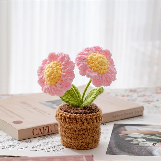 Handmade Crochet Flowers, Small Potted Plants, Knitted Desk Decorations for Home Office Decor (Two Sunflowers)