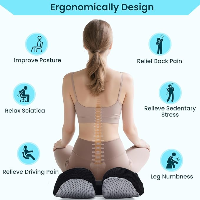 CXC Seat Cushion: Extra Thick Memory Foam with Cooling Gel & ComfortCurve Ergonomic Design - Donut Pillow for Tailbone Pain Relief, Sciatica Support, Orthopedic Office Chair Cushion, Wheelchair.