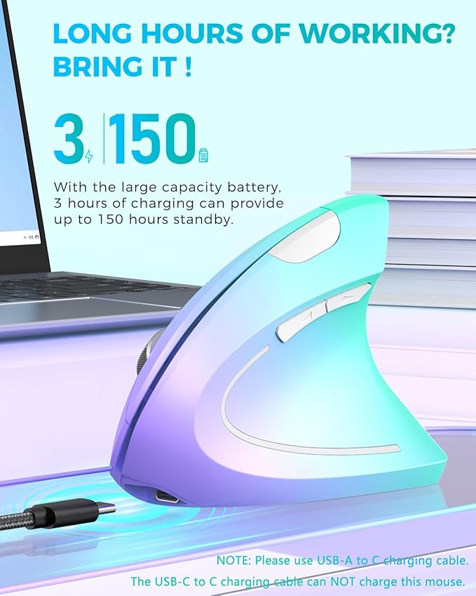 Lekvey Ergonomic Mouse, Vertical Wireless Mouse, Rechargeable 2.4G Optical Carpal Tunnel Mice: 800/1200 / 1600 DPI, 6 Buttons, for Laptop, PC, Computer, Desktop, Notebook etc, Green Purple