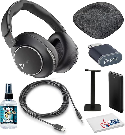Poly (Plantronics Voyager Surround 80 UC Noise-Canceling Wireless Over-Ear Headset (8G7T9AA) Bundle Including: P-Bank Battery, Goby Labs Headphone Cleaner, Headphone Stand, Fiber Cloth