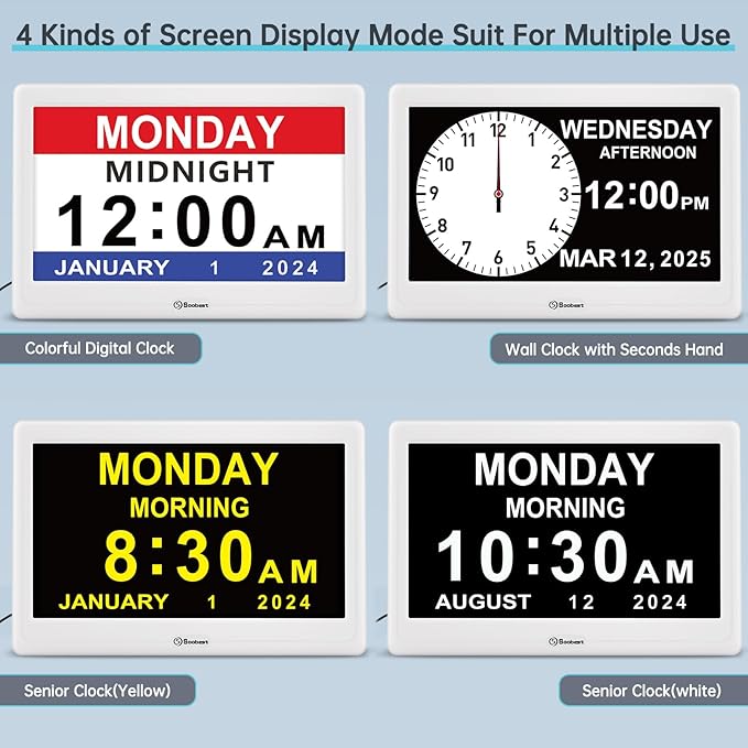 Soobest 12” Digital Dementia Clock for Seniors Elderly Extra Large with Date Day and Time Display, Electric Calendar Clock 20 Reminders 3 Ringtones for Memory Loss Alzheimers, Auto DST/Dimmer