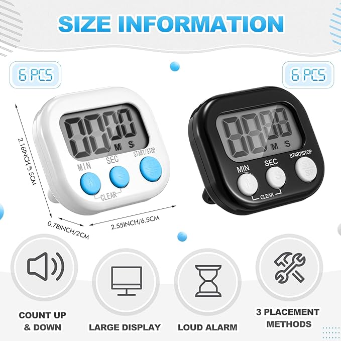Xuhal 12 Pieces Digital Kitchen Timer Bulk, Small Magnetic Timers for Classroom, Digits Stopwatch Clock Timer for Cooking Baking Sports Games Office, Not Including Battery (Black,White)