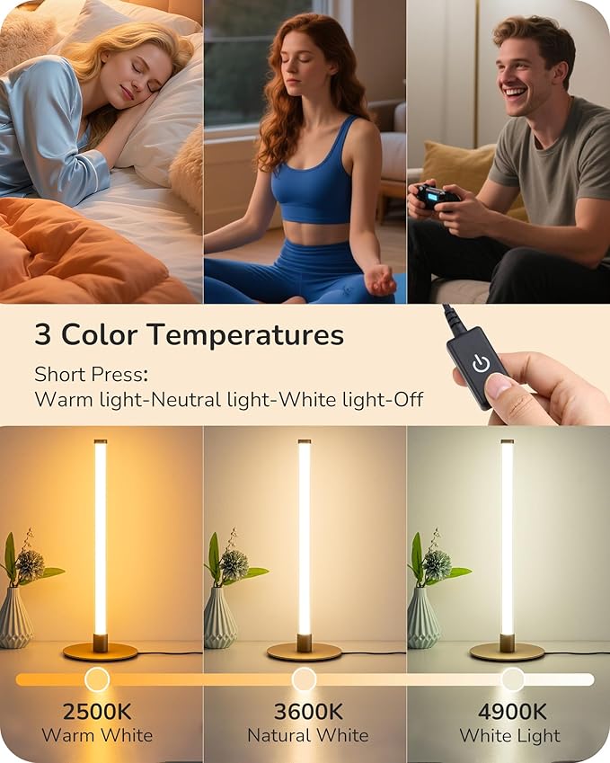 EDISHINE Modern Table Lamp, LED Slim Bedside Lamp with 360° Illumination, Stepless Dimming & 3 Color Temperature, Nightstand Lamp for Bedroom, Living Room, Gold