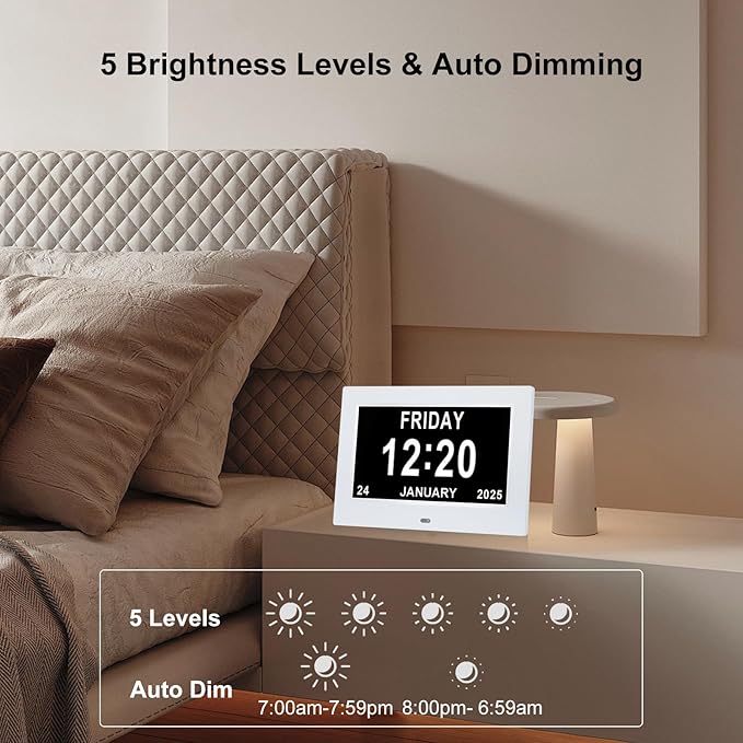 7 Inch Dementia Clock,Digital Calendar Clock with Day and Date of Week,Alzheimer Clocks for Elderly Memory Loss,5 Display Modes,12 Alarms,Auto-Dimming,12/24 hour Clock with 1.5M Adaptor,Auto DST