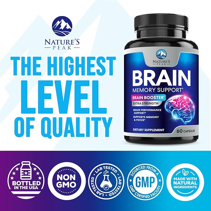 Brain Memory Supplement Pills - Nootropics Support for Concentration, Clarity, Alertness & Focus - Brain Health with Bacopa, Cognitive Vitamins, Phosphatidylserine, DMAE - Brain Booster - 60 Capsules