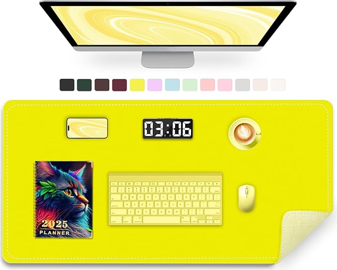 Large Desk Mat 35.4" x 17", PU Leather Desk Pad Protector, Non-Slip Large Mouse Pad for Desk, Waterproof Computer Desk Mat, Office Desk Pad for Keyboard Mouse, Desk Writing Mat (Lemon Yellow)